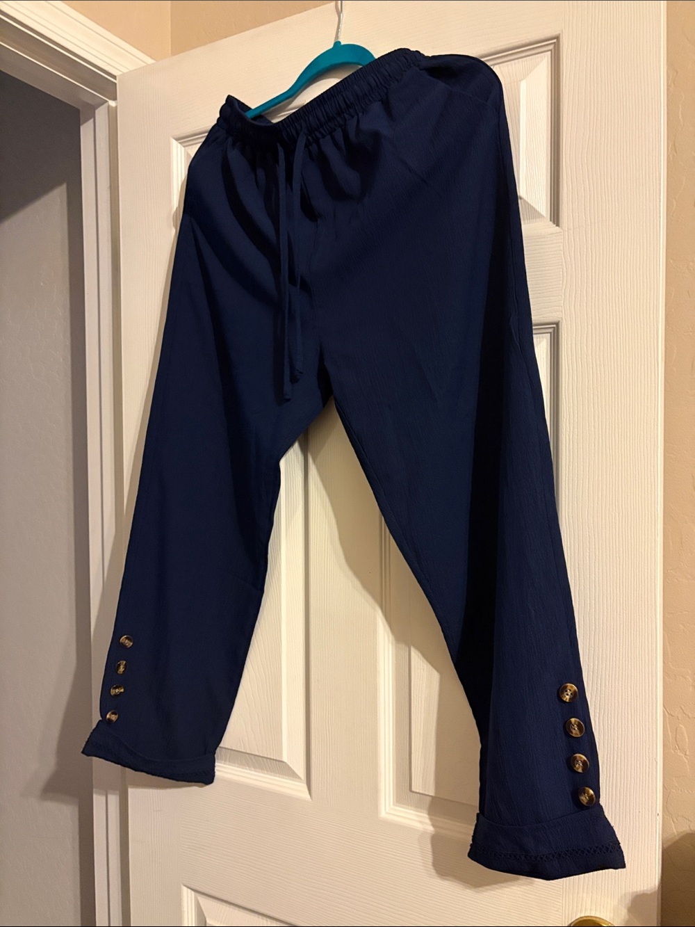 Women’s Navy Drawstring Casual Pants with Button Cuff